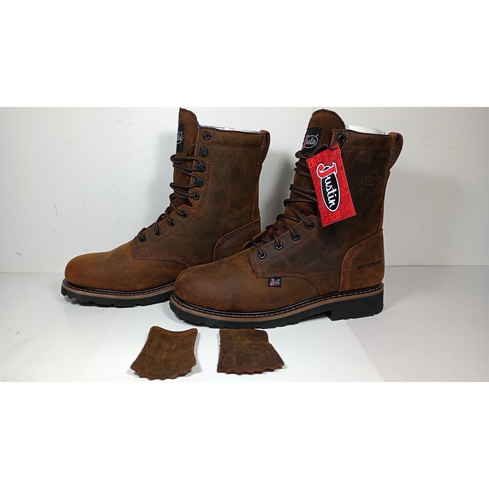 Justin Wyoming Waterproof Lace Up Safety Boot Men's 10D Brown Leather SE961 NEW